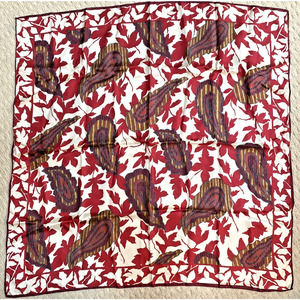 Vintage Silk Scarf Deep Red & Cream Mod 1980s Golden Paisley Print 31” Square